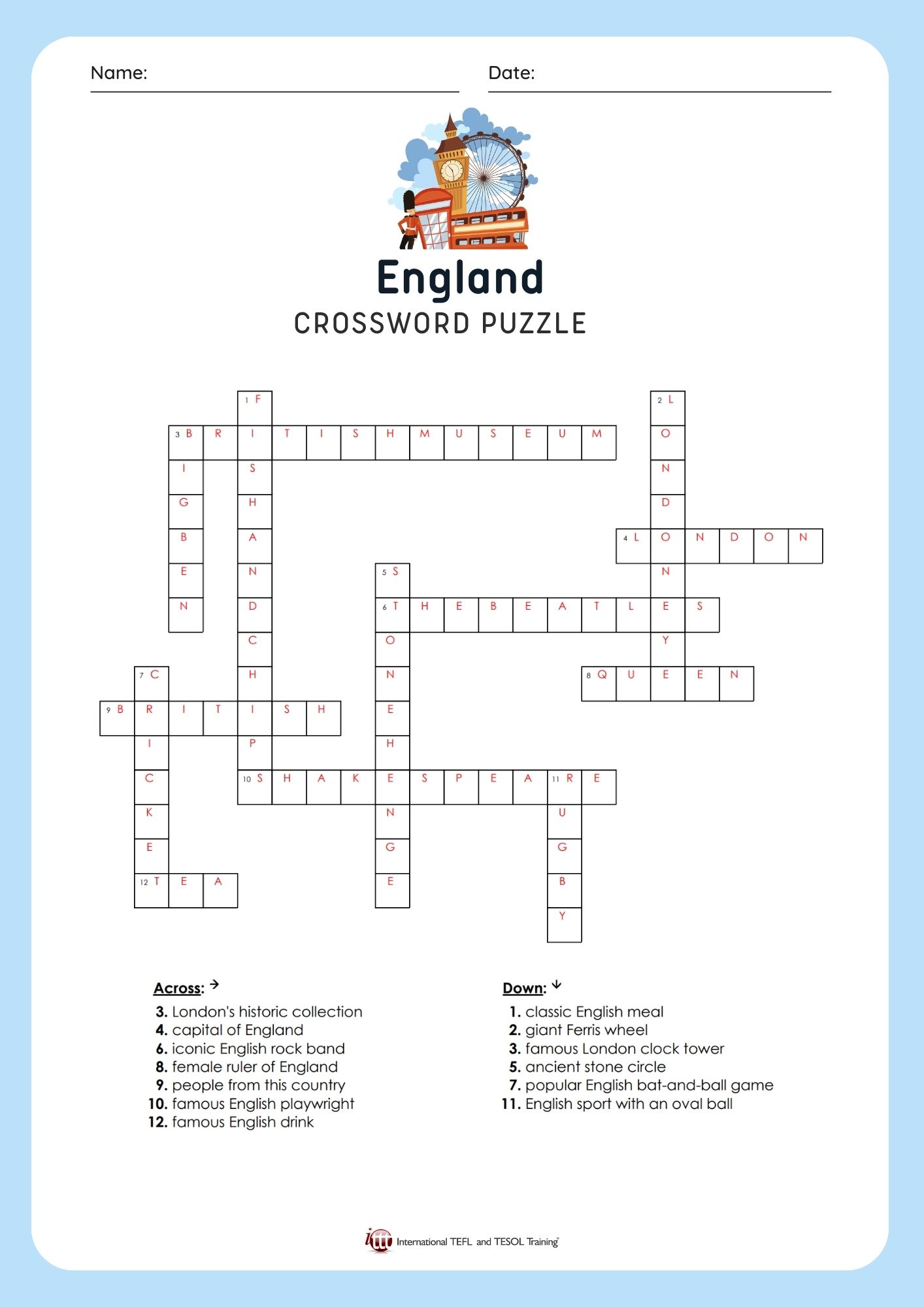 EFL England Vocabulary Crossword Puzzle ️ ️ ️ ITTT